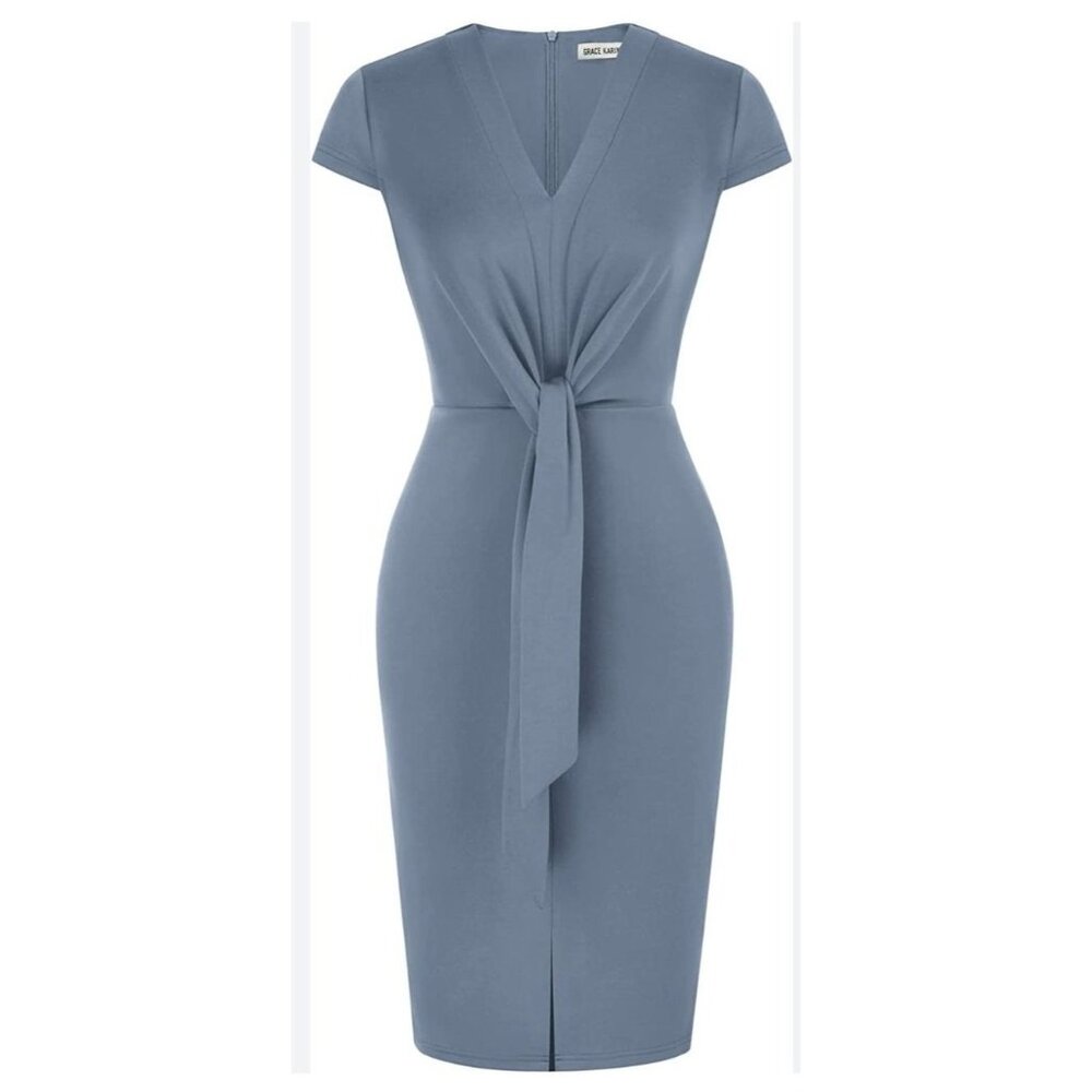 Grace Karin Womens XL Blue Midi Dress Tie Waist & V-Neck Stylish Slit Elegant
